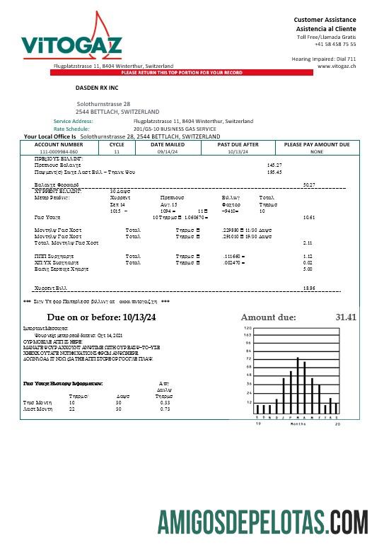 Em branco modelo de conta de serviços públicos da Suíça Vitogaz Switzerland AG, totalmente editável em formatos Word e PDF
